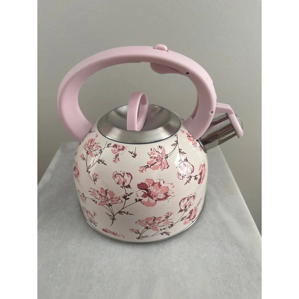 Fuelmate Stove Top Kettle Pink Floral Stainless Steel Whistling Tea Pot NEW